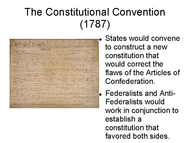 The Constitutional Convention (1787) States would convene to construct a new constitution that would The Constitutional Convention (1787) States would convene to construct a new constitution that would