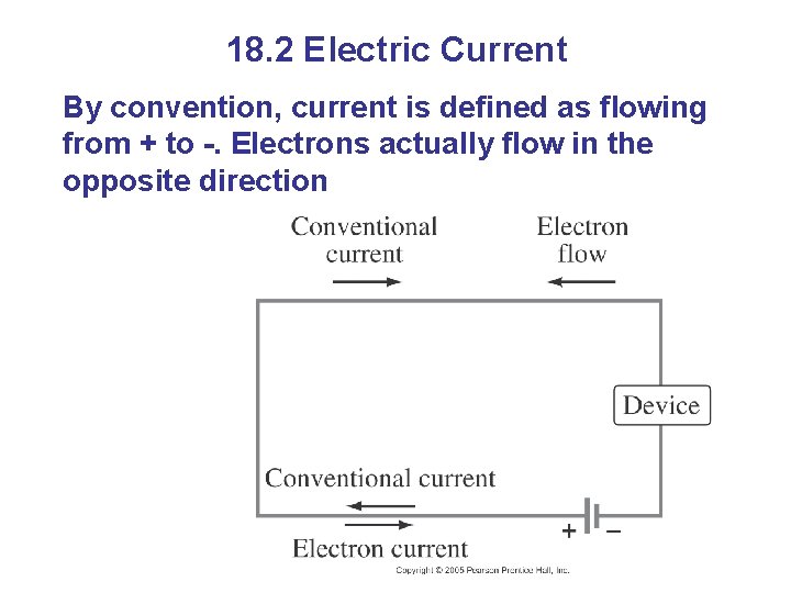 18. 2 Electric Current By convention, current is defined as flowing from + to