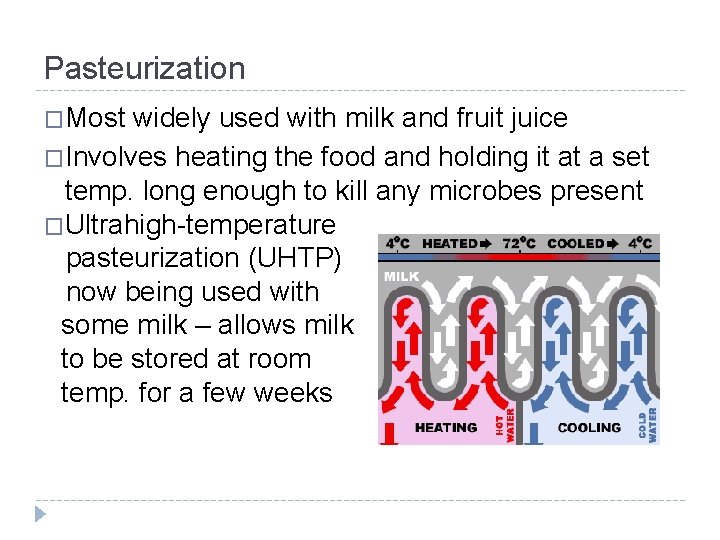 Pasteurization �Most widely used with milk and fruit juice �Involves heating the food and