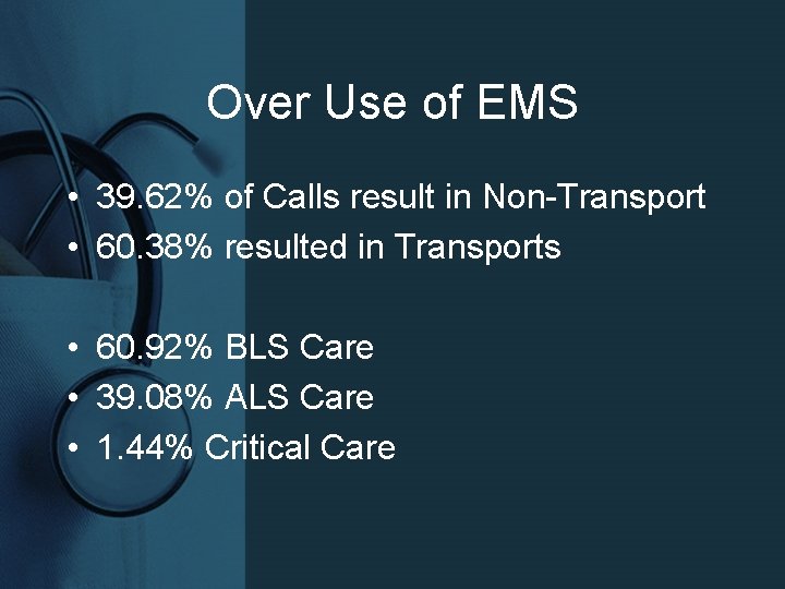 Over Use of EMS • 39. 62% of Calls result in Non-Transport • 60.