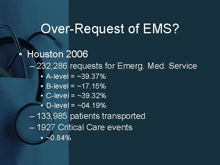 Over-Request of EMS? • Houston 2006 – 232, 286 requests for Emerg. Med. Service