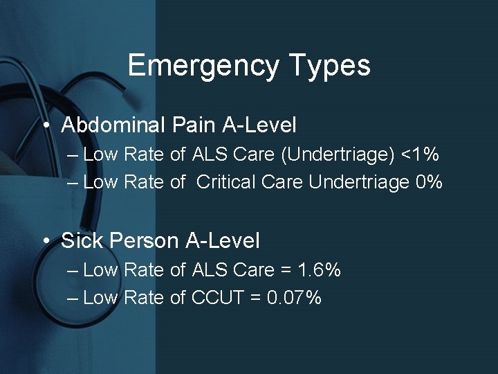 Emergency Types • Abdominal Pain A-Level – Low Rate of ALS Care (Undertriage) <1%