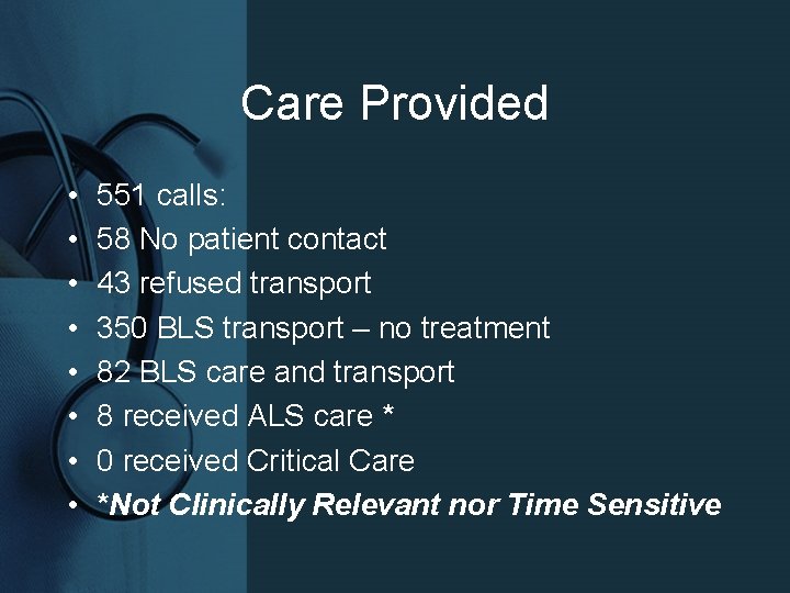 Care Provided • • 551 calls: 58 No patient contact 43 refused transport 350