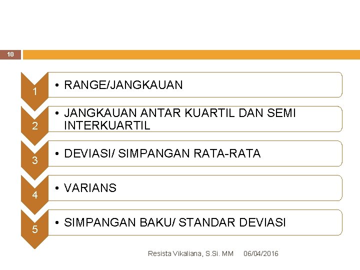 10 1 2 3 4 5 • RANGE/JANGKAUAN • JANGKAUAN ANTAR KUARTIL DAN SEMI