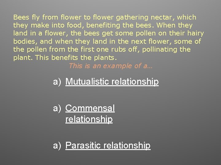 Bees fly from flower to flower gathering nectar, which they make into food, benefiting