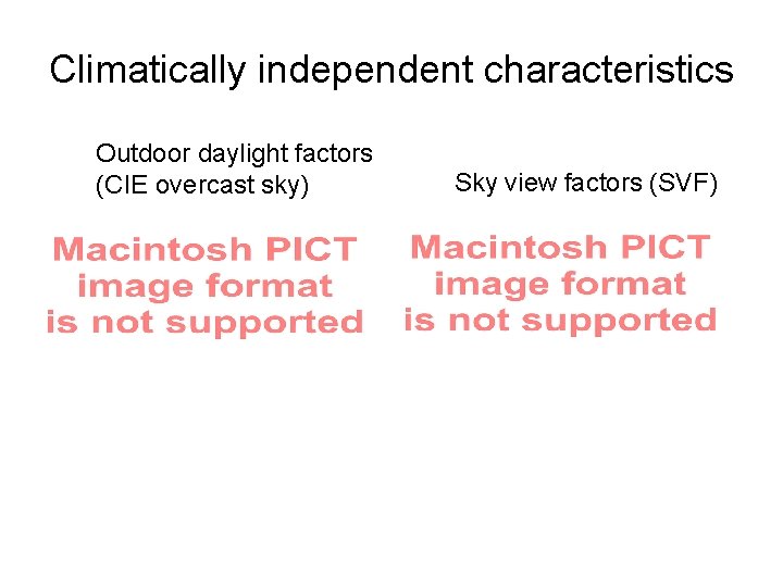 Climatically independent characteristics Outdoor daylight factors (CIE overcast sky) Sky view factors (SVF) Climatically independent characteristics Outdoor daylight factors (CIE overcast sky) Sky view factors (SVF)