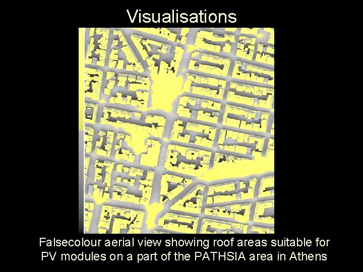 Visualisations Falsecolour aerial view showing roof areas suitable for PV modules on a part Visualisations Falsecolour aerial view showing roof areas suitable for PV modules on a part