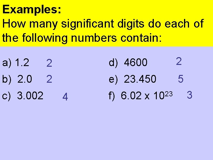 Examples: How many significant digits do each of the following numbers contain: a) 1.