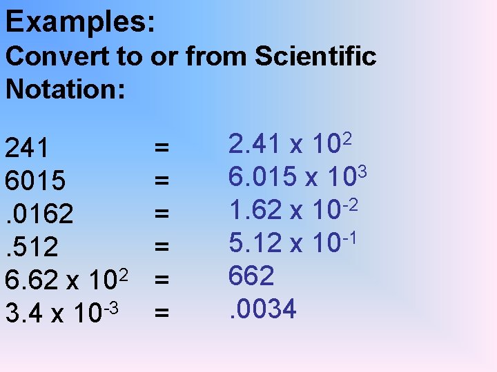 Examples: Convert to or from Scientific Notation: 241 6015. 0162. 512 6. 62 x