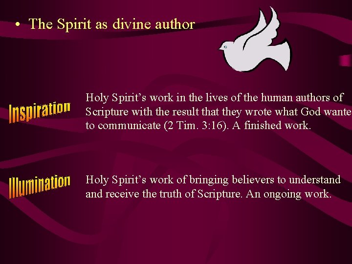  • The Spirit as divine author Holy Spirit’s work in the lives of