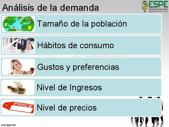 Análisis de la demanda Tamaño de la población Hábitos de consumo Gustos y preferencias