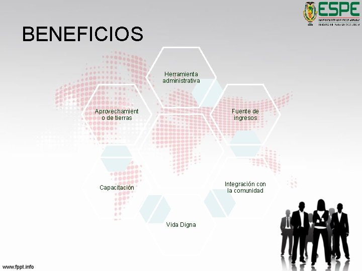 BENEFICIOS Herramienta administrativa Aprovechamient o de tierras Fuente de ingresos Integración con la comunidad