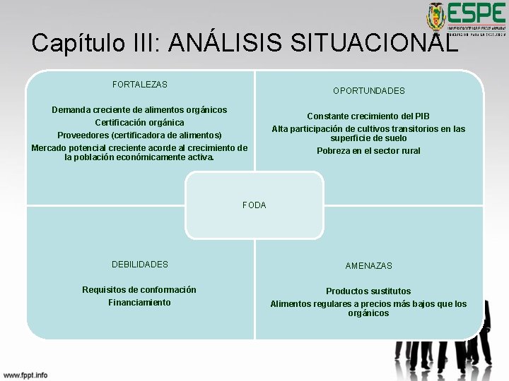 Capítulo III: ANÁLISIS SITUACIONAL FORTALEZAS OPORTUNDADES Demanda creciente de alimentos orgánicos Certificación orgánica Proveedores