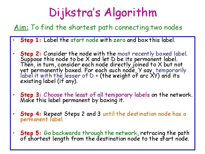 Dijkstra’s Algorithm Aim: To find the shortest path connecting two nodes • Step 1: