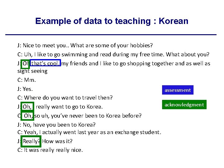 Example of data to teaching : Korean J: Nice to meet you. . What