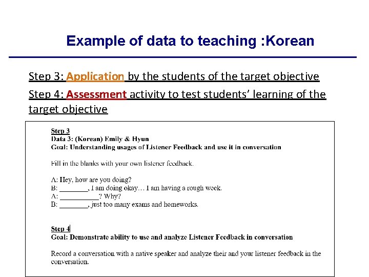 Example of data to teaching : Korean Step 3: Application by the students of