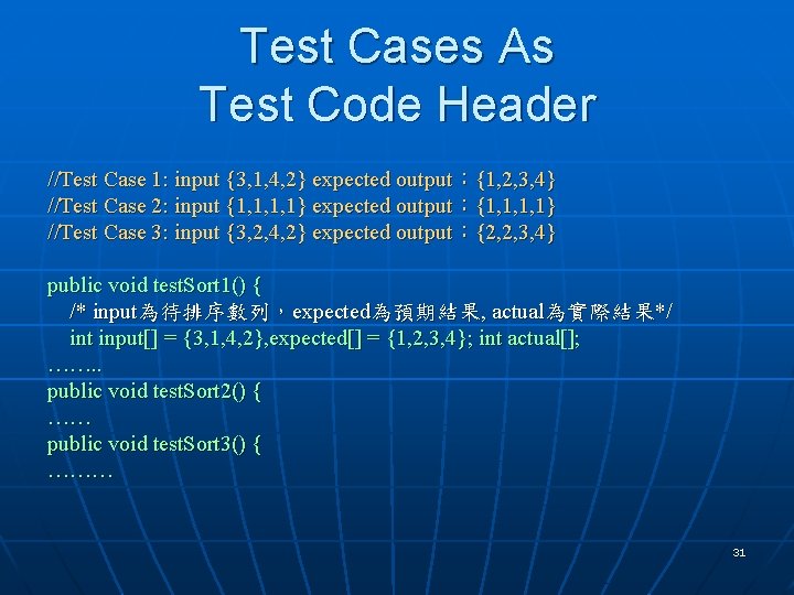 Test Cases As Test Code Header //Test Case 1: input {3, 1, 4, 2}