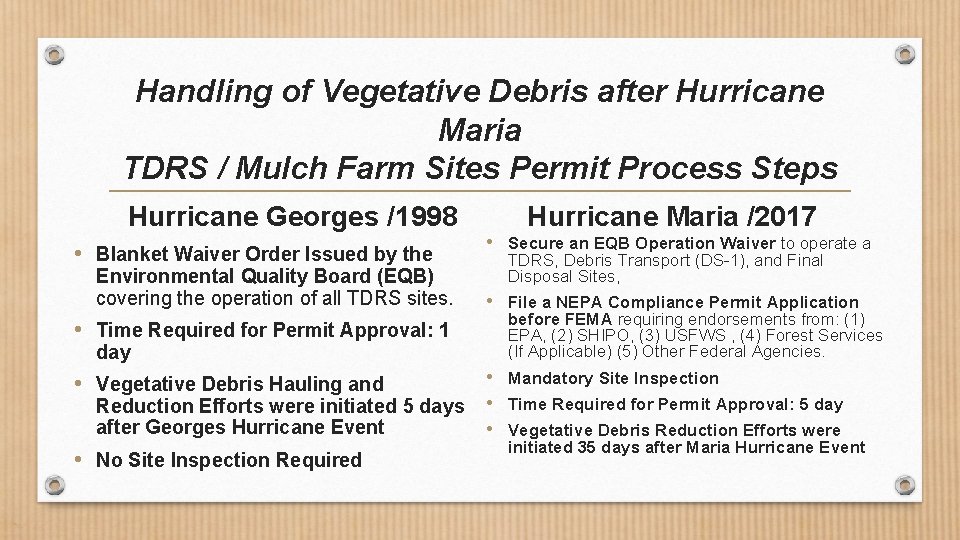 Handling of Vegetative Debris after Hurricane Maria TDRS / Mulch Farm Sites Permit Process