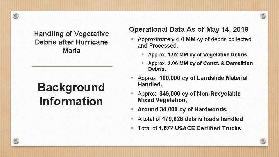 Handling of Vegetative Debris after Hurricane Maria Operational Data As of May 14, 2018