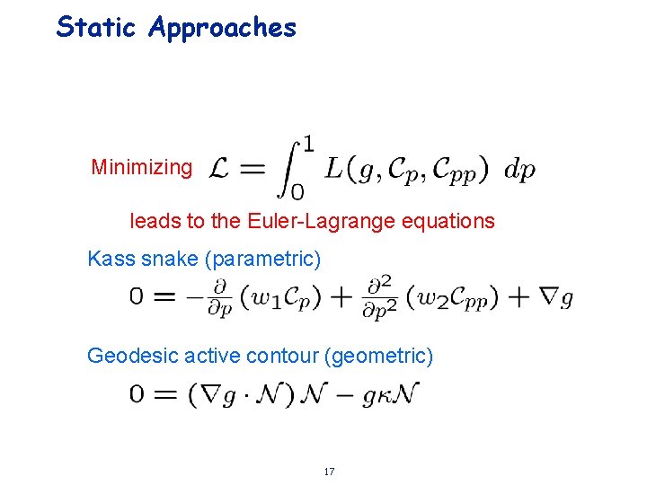 Static Approaches Minimizing leads to the Euler-Lagrange equations Kass snake (parametric) Geodesic active contour
