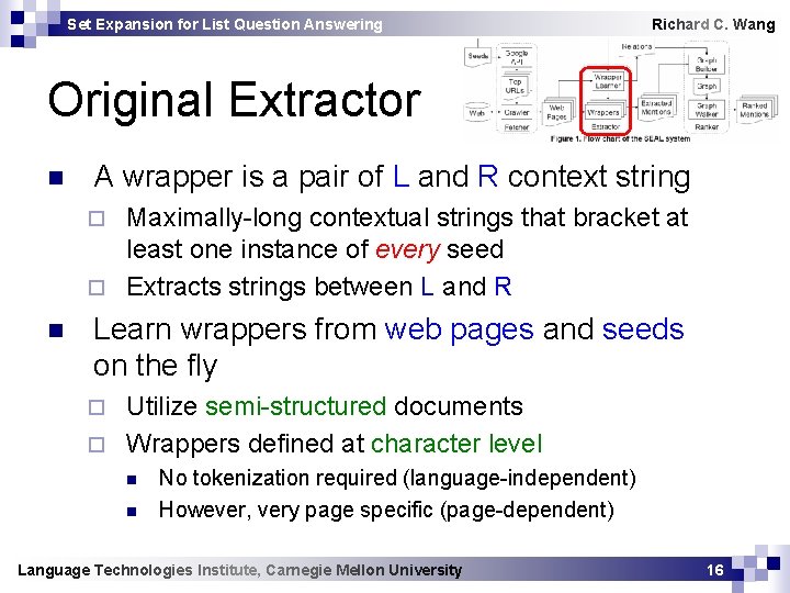 Set Expansion for List Question Answering Richard C. Wang Original Extractor n A wrapper