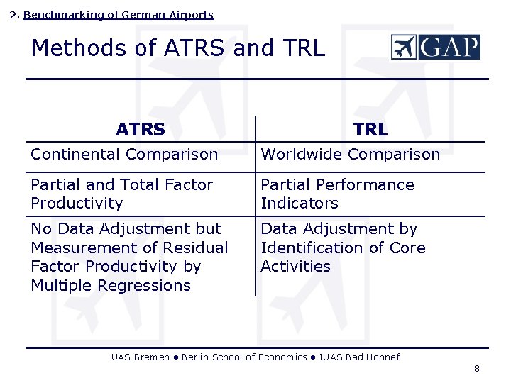 2. Benchmarking of German Airports Methods of ATRS and TRL ATRS TRL Continental Comparison 2. Benchmarking of German Airports Methods of ATRS and TRL ATRS TRL Continental Comparison