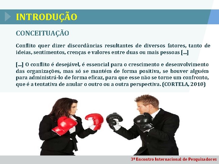 INTRODUÇÃO CONCEITUAÇÃO Conflito quer dizer discordâncias resultantes de diversos fatores, tanto de ideias, sentimentos,