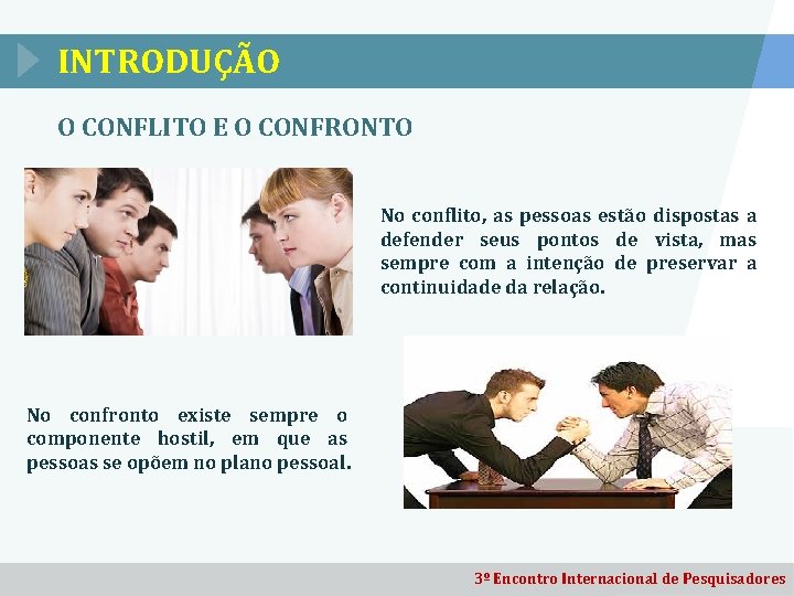 INTRODUÇÃO O CONFLITO E O CONFRONTO No conflito, as pessoas estão dispostas a defender