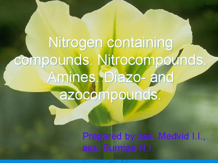 Nitrogen containing compounds. Nitrocompounds. Amines. Diazo- and azocompounds. Prepared by ass. Medvid I. I.