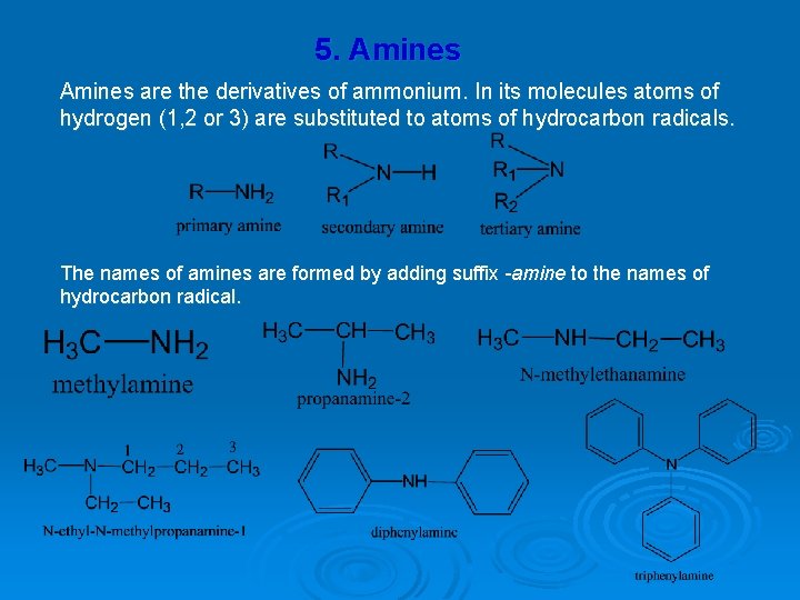 5. Amines are the derivatives of ammonium. In its molecules atoms of hydrogen (1,