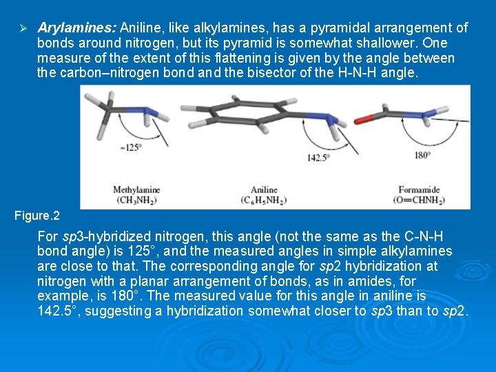 Ø Arylamines: Aniline, like alkylamines, has a pyramidal arrangement of bonds around nitrogen, but