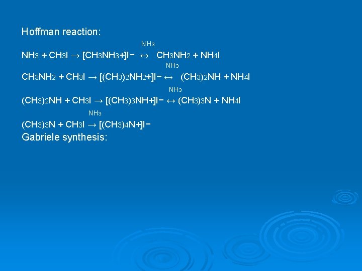 Hoffman reaction: NH 3 + CH 3 I → [CH 3 NH 3+]I− ↔