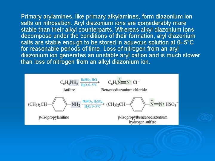 Primary arylamines, like primary alkylamines, form diazonium ion salts on nitrosation. Aryl diazonium ions