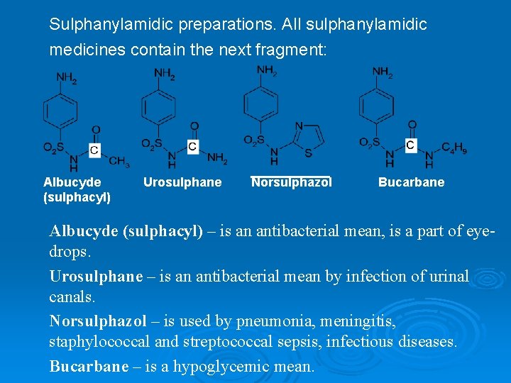 Sulphanylamidic preparations. All sulphanylamidic medicines contain the next fragment: Albucyde (sulphacyl) Urosulphane Norsulphazol Bucarbane