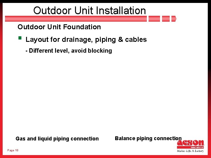 Outdoor Unit Installation Outdoor Unit Foundation § Layout for drainage, piping & cables -