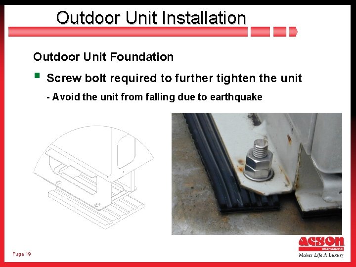 Outdoor Unit Installation Outdoor Unit Foundation § Screw bolt required to further tighten the