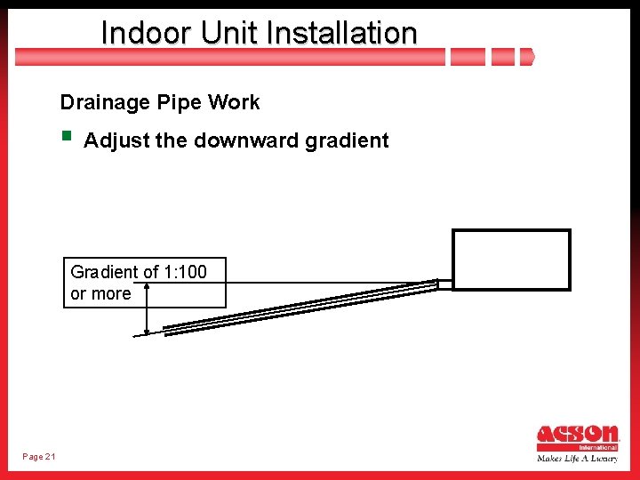 Indoor Unit Installation Drainage Pipe Work § Adjust the downward gradient Gradient of 1: