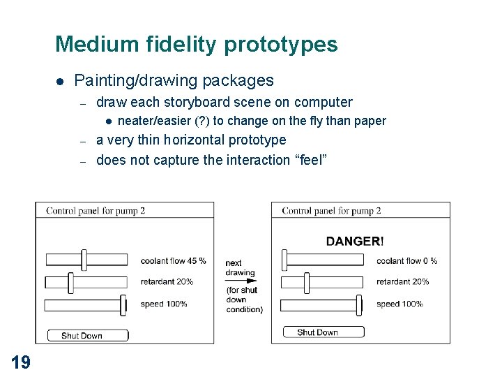 Medium fidelity prototypes l Painting/drawing packages – draw each storyboard scene on computer l