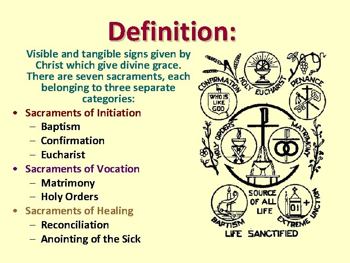 Definition: Visible and tangible signs given by Christ which give divine grace. There are Definition: Visible and tangible signs given by Christ which give divine grace. There are