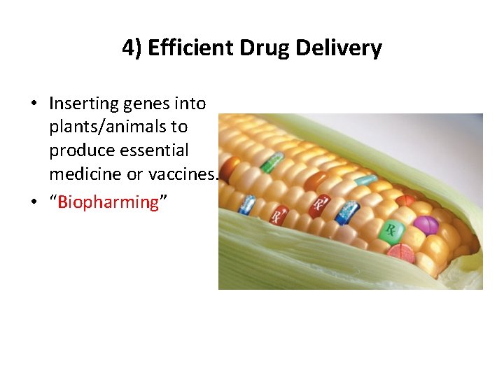 4) Efficient Drug Delivery • Inserting genes into plants/animals to produce essential medicine or