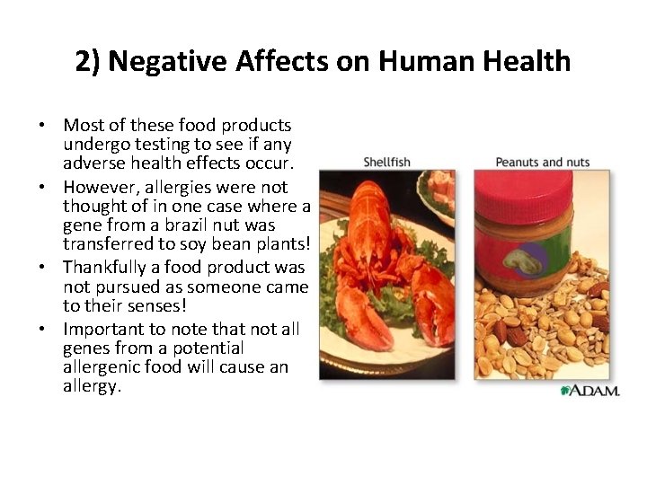 2) Negative Affects on Human Health • Most of these food products undergo testing