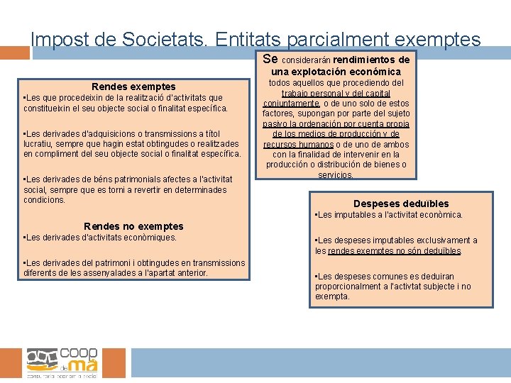 Impost de Societats. Entitats parcialment exemptes Se considerarán rendimientos de una explotación económica Rendes