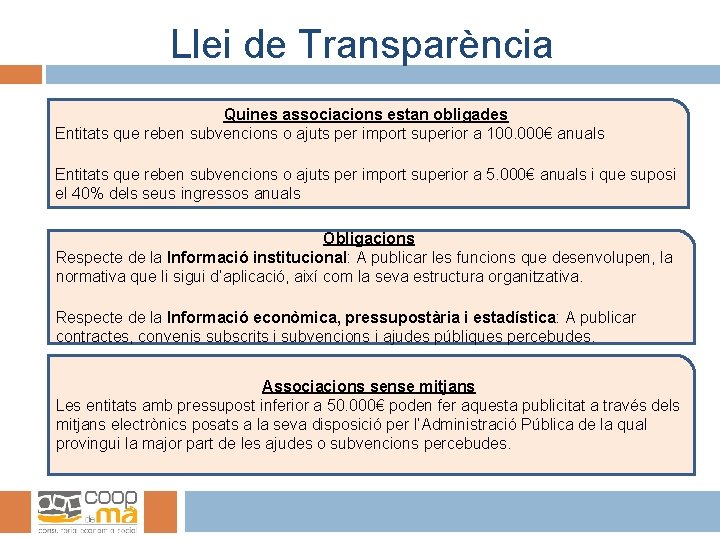 Llei de Transparència Quines associacions estan obligades Entitats que reben subvencions o ajuts per