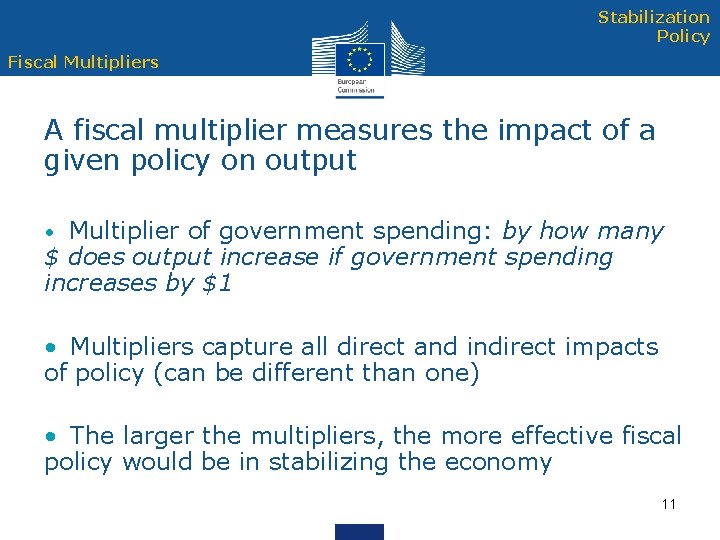 Stabilization Policy Fiscal Multipliers A fiscal multiplier measures the impact of a given policy