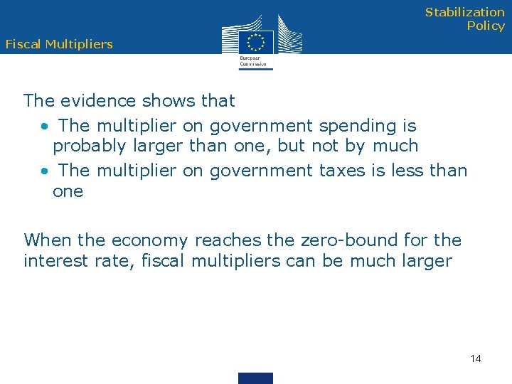 Stabilization Policy Fiscal Multipliers The evidence shows that • The multiplier on government spending