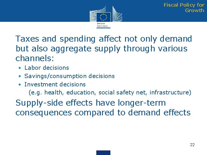 Fiscal Policy for Growth • Taxes and spending affect not only demand but also