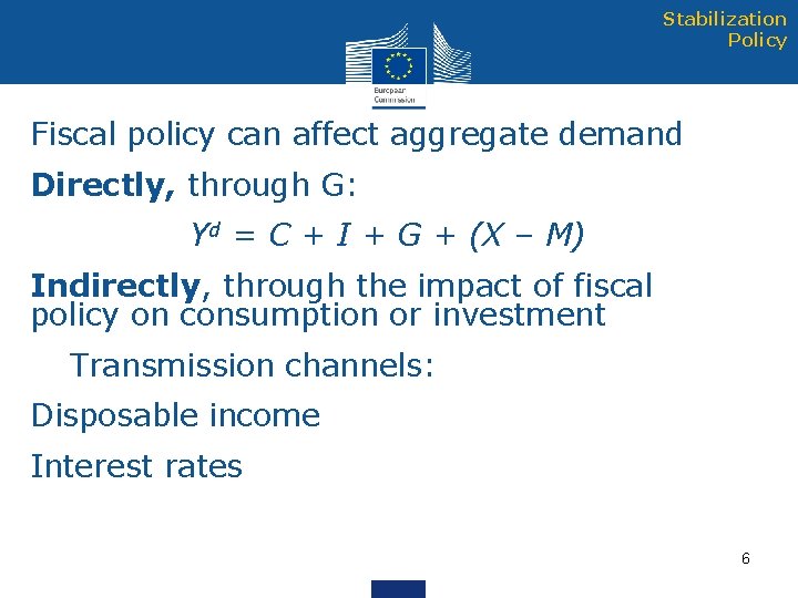 Stabilization Policy Fiscal policy can affect aggregate demand Directly, through G: Yd = C