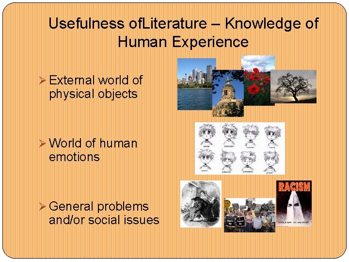 Usefulness of. Literature – Knowledge of Human Experience Ø External world of physical objects