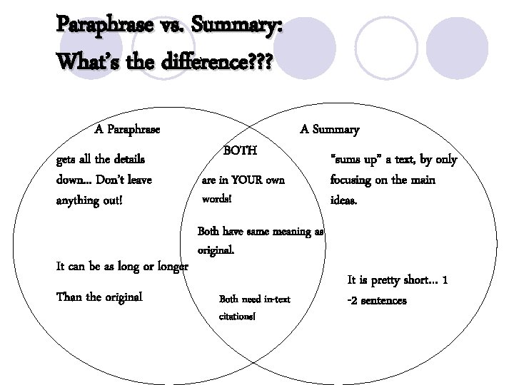 Paraphrase vs. Summary: What’s the difference? ? ? A Paraphrase gets all the details