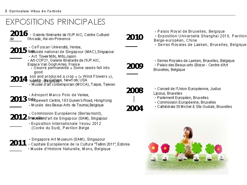 8 Curriculum Vitae de l’artiste EXPOSITIONS PRINCIPALES 2016 ・Galerie Itinérante de l'IUP AIC, Centre